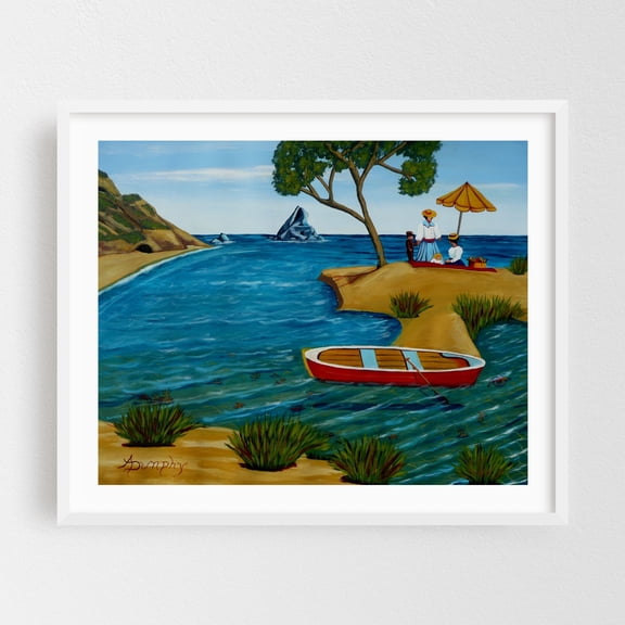 Beach Picnic - Painting Seaside Boat Coast Summer Scenic Landscape White Framed Wall Art Print 6 x 8 inches