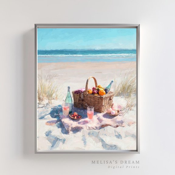 Beach Picnic Print Coastal Summer Scene Vacation Decoration, Unframed Paper Poster 8x10in