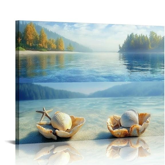 Beach Picture Decor Ocean Painting Canvas Wall Art Prints of Starfish and Seashell on Sandy Seaside Ready to Hang for Living Room Bedroom Office Wall Decor Home Decoration