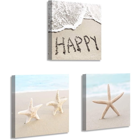 Beach Picture Starfish Canvas Artwork: Seaside Painting Print Sand Wall Art for Bathroom (16''''W x 16''''H x 3 PCS,Multi-Sized)
