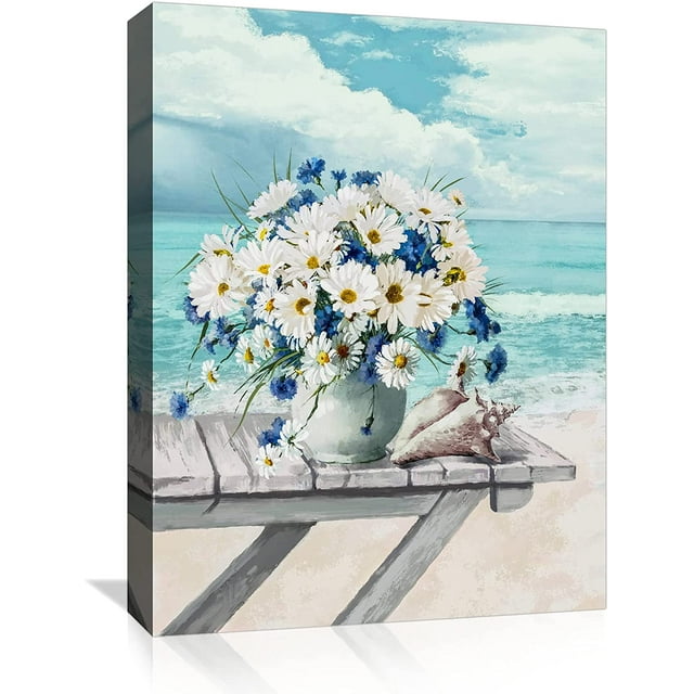 Beach Picture Wall Art for Bathroom Coastal Flower Theme Canvas
