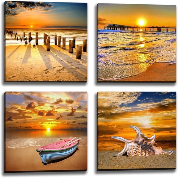 Beach Picture Wall Art Beach Poster Ocean Picture Sunset Beach Canvas Contemporary Scenery Beach Picture Photo Mural Artist Home Decor Wall Decoration Painting Canvas Printing 4 Pieces/Set