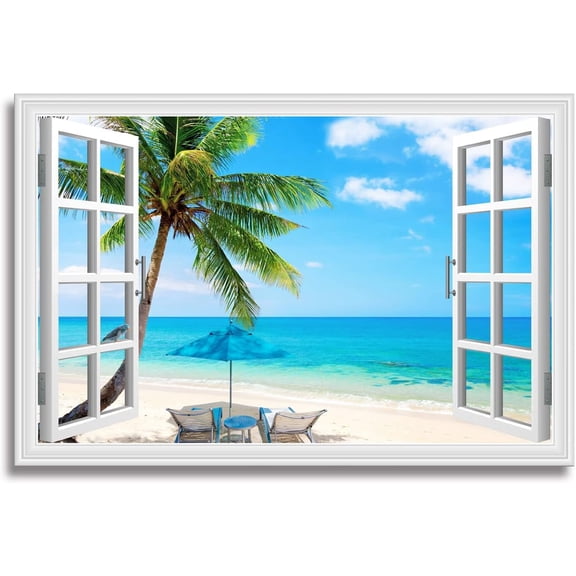 Beach Pictures Canvas Wall Art Fake Open Window Ocean Seagull Birds Blue Natural Scene Landscape for Living Room Decor
