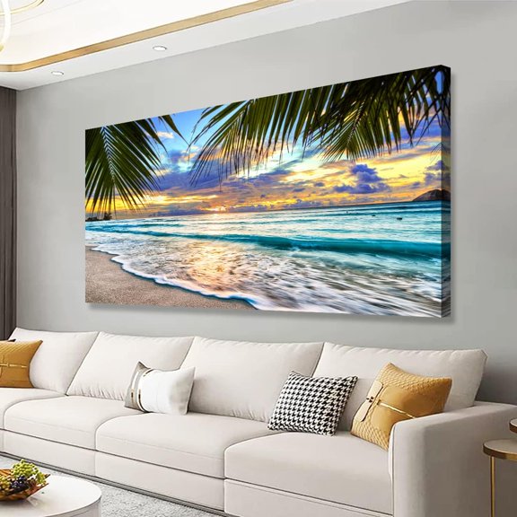 Beach Pictures Canvas Wall for Living room Bedroom Wall Decor,Sunset and Beautiful clouds Wall Print Paitnings for home Decor,Morden work Waves Canvas Waterproof Stretched Ready to