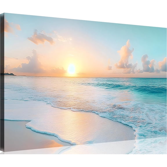 Beach Pictures Wall Art Beach Canvas Wall Art White Ocean at Sunrise Print on Canvas Seascape Paintings Coastal Picture Framed Artwork for Bathroom Living Room Office Home Decor 12" x 18"