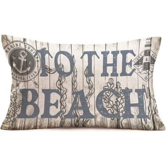 to The Beach Pillow Covers 12x20 Inch Vintage Wood with Marine Creature Nautical Anchor Lighthouse Ocean Sea Throw Waist Pillow Cases Coastal Summer Home Sofa Couch Decor Pillowcase
