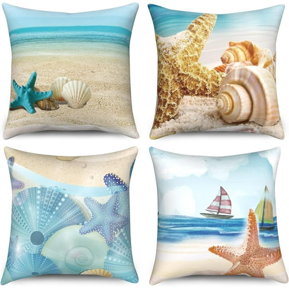 Beach Pillow Covers 16x16 Set of 4, Summer Outdoor Decor Throw Pillow Covers Starfish Shell Pillowcase Ocean Sea Cushion Case for Home Living Room Yard