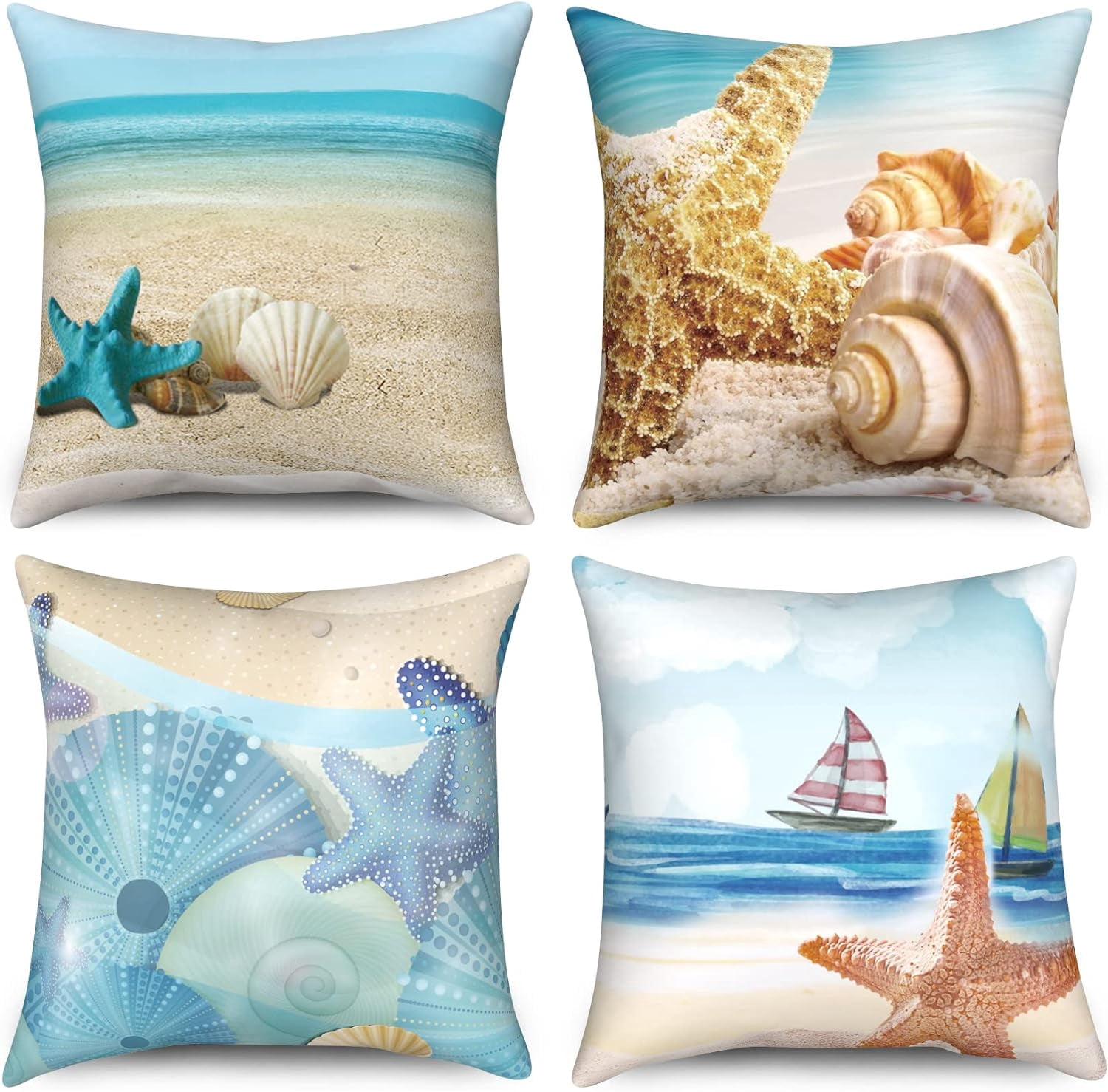 Beach Pillow Covers 20x20 Set of 4, Summer Outdoor Decor Throw Pillow Covers Starfish Shell Pillowcase Ocean Sea Cushion Case for Home Living Room Yard