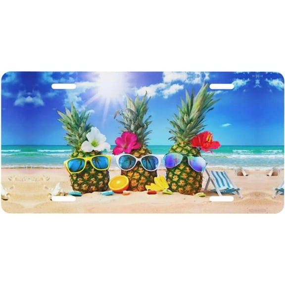 Beach Pineapple Flowers Tropical Fruit License Plate Decorative Novelty Metal Vanity Car Tag Aluminum Front Car Tag Plate