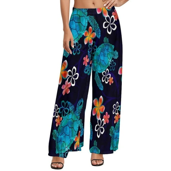Beach Pirnt Straight Pants Sea Turtle with Flowers Office Wide Pants Woman Big Size Street Fashion Custom Trousers