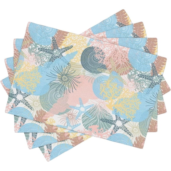 Beach Placemats, Colorful Coastal Seashell Coral Nautical Ocean Themed Table Mats, Tabletop Dining Room Kitchen Decoration 18" L x 12" W *4 PCS