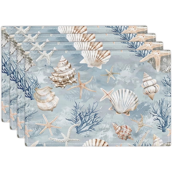 Beach Placemats Set of 4 Starfish Seashell Nautical Imitation Linen Placemat Heat Resistant Dining Blue Summer Coastle Place Mats Table Mats for Kitchen Indoor Outdoor Restaurants 12''x18''