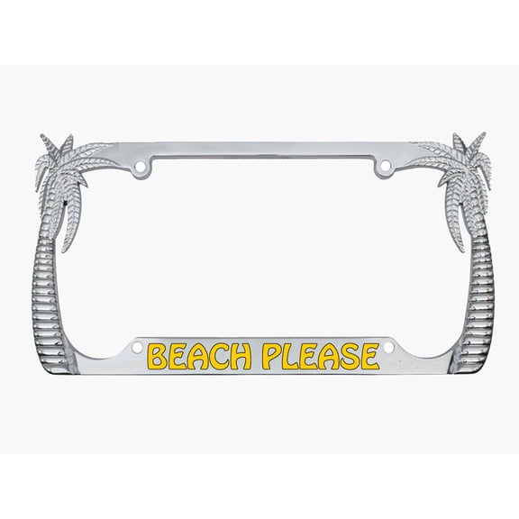 Beach Please Design Palm Tree Style Metal License Plate Frame Personalized/Car Accessories Car Tag Holder Cover (Chrome/Yellow)