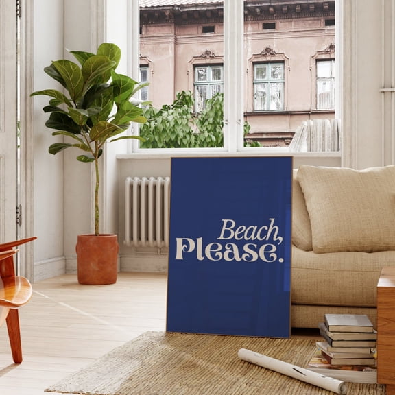 Beach Please Navy Blue Coastal Typography Wall Art Decor, Stretched Canvas 16x20in