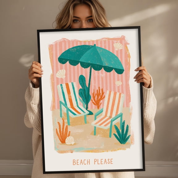 Beach Please Retro Teal Umbrella Coastal For Bathroom Poster , Poster Print Only