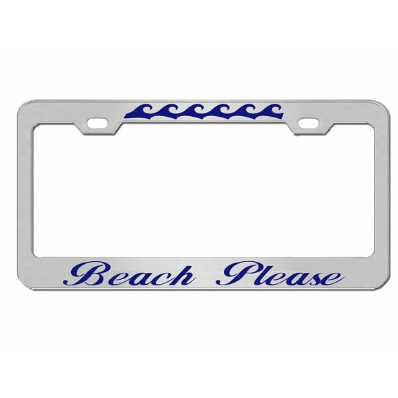 Beach Please Style Metal License Plate Frame Personalized/Car Accessories Car Tag Holder Cover (Chrome/Blue)