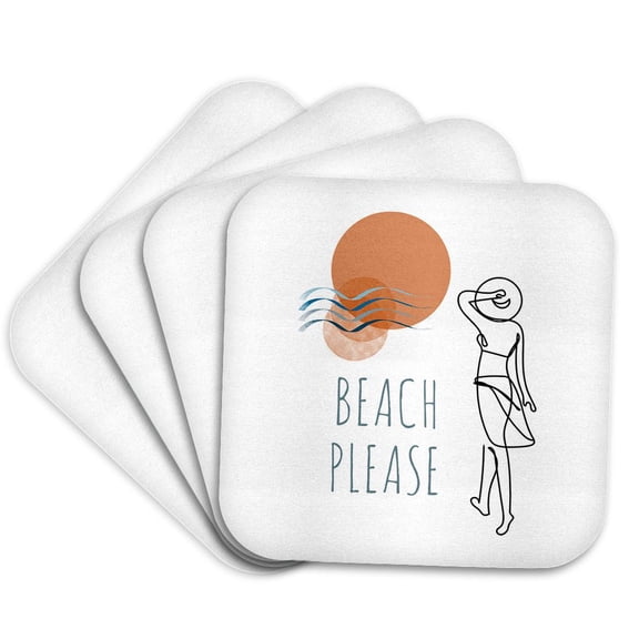 3drose, Beach Please Text, Woman Line Art and Boho Style Sun and Sea, Set of 4 Coasters - Soft