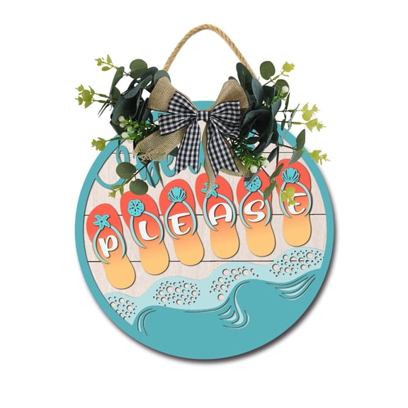 Beach Please Wooden Front Door Sign Rustic Round Wreath Wall Hanger Porch Decor Spring and Summer Farmhouse Decoration Housewarming Gift 11 Inches