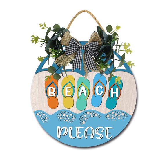 Beach Please Wooden Front Door Sign Rustic Round Wreath Wall Hanger Porch Decor Spring and Summer Farmhouse Decoration Housewarming Gift 11 Inches