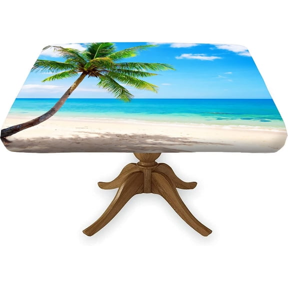 Beach Polyester Square Fitted Table Cloths, Coconut Palm Tree Wipe Clean Elastic Edged Table Cover, for Indoor Holiday Family Banquet and Outdoor Patio Use, Fit for 34" x 34"Square Table, Blue Green