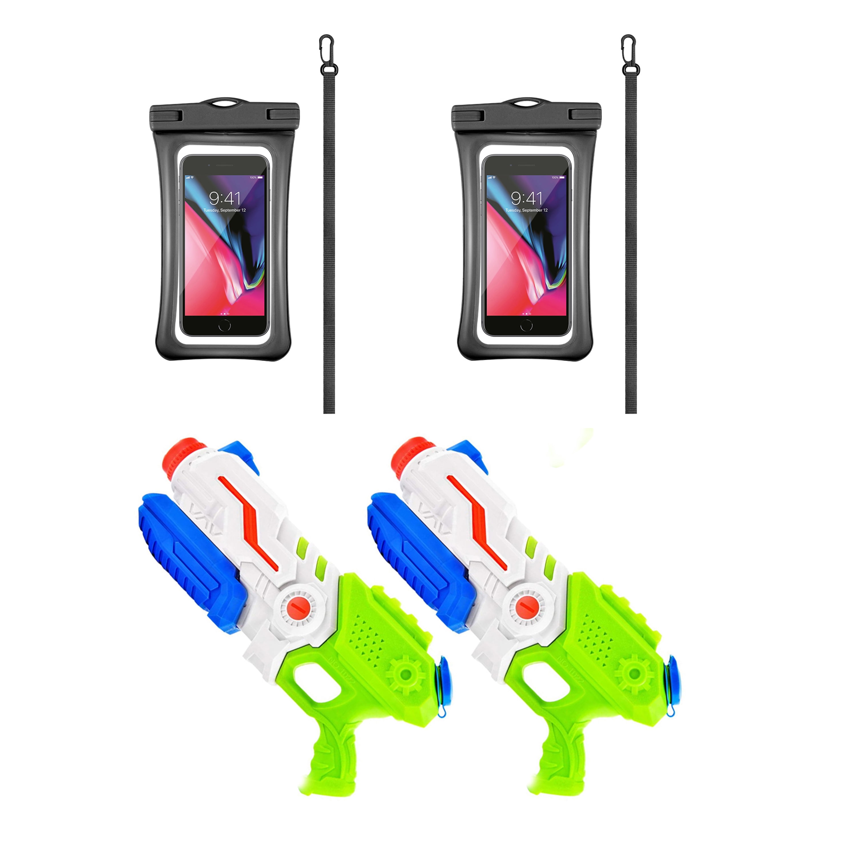 Beach & Pool Adventure Kit – 2 Waterproof Phone Cases with Lanyards + 2 Water Soaker Toys