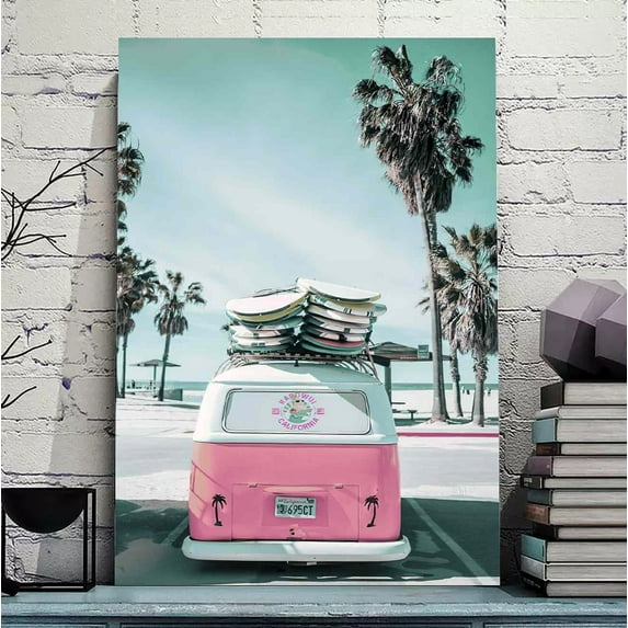 Beach Poster Coastal Wall Art Surfboad & Pink Car Poster Ocean Canvas Wall Art Coastal Cowgirl Aesthetic Room Poster Green Preppy Print, Summer Beachy Surfing Poster
