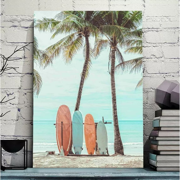 Beach Poster Coastal Wall Art Surfboad & Pink Car Poster Ocean Canvas Wall Art Coastal Cowgirl Aesthetic Room Poster Green Preppy Print, Summer Beachy Surfing Poster