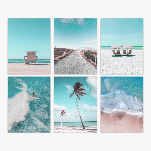 Beach Posters Canvas Set of 6 Coastal Wall Art Beach Prints Decor/Ocean Blue Boardwalk, Beach Chair, Beach Pictures Art/Palm Trees Decor Unframed (8x10 Inches)