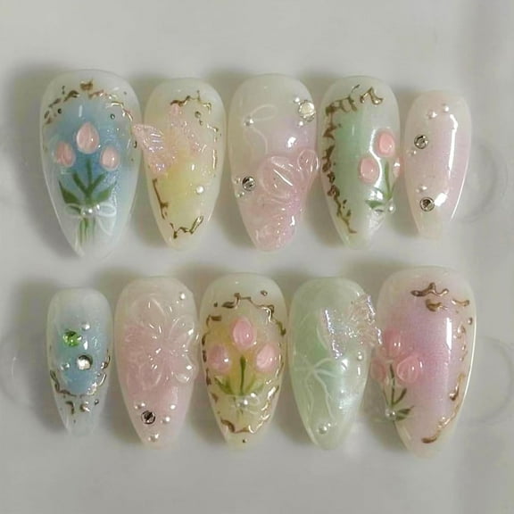 Beach Press on Nails Ocean Shell Fake Nails with Pearl Design Starfish Flower Glue on Nails Short Almond False Nail Glossy Full Cover Artificial Acrylic Nail press ons for Women Summer Manicure 24Pcs