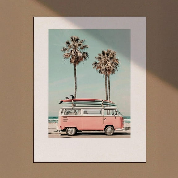 Beach Print Vw Bus Print Pink Camper Van Decor Surf Poster Retro Van Print Coastal California Wall Art Surfing Poster Pink Wall Art Wall Art, Modern Wall Decor, 8x12 UNFRAMED