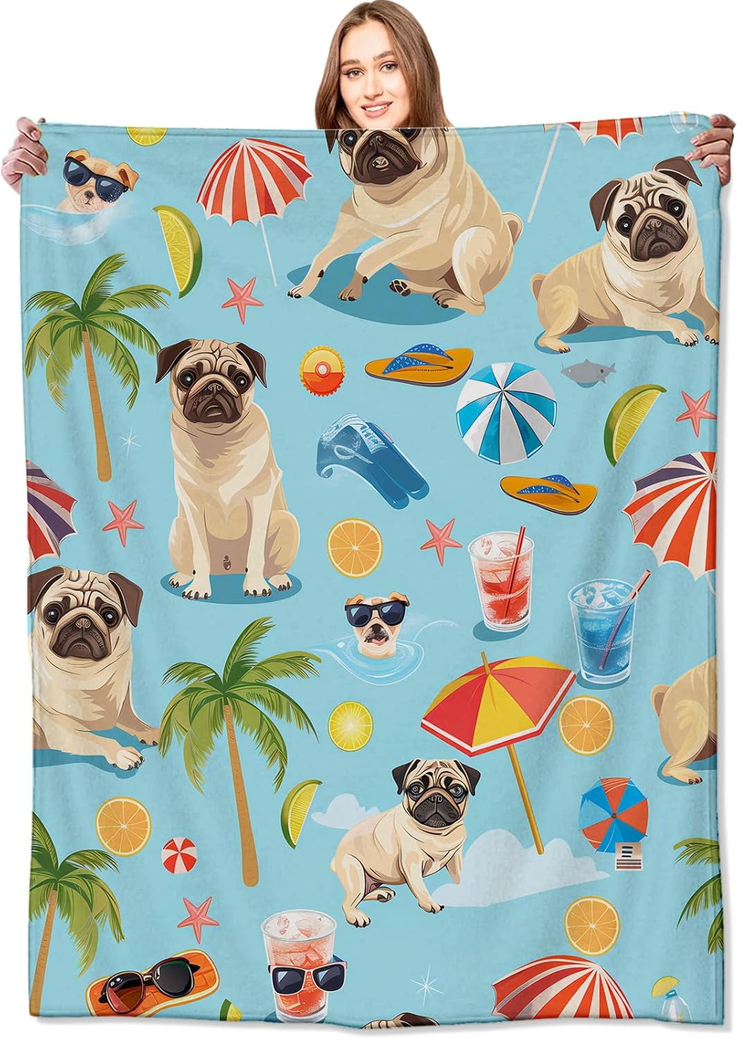 Beach Pug Blanket Fun and Playful Dog with Umbrellas and Palm Tree