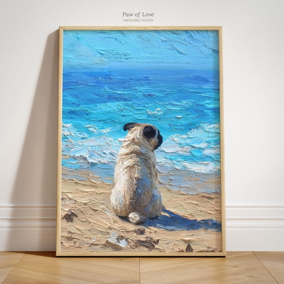 Beach Pug Wall Art Print, Colorful Coastal Dog Decor