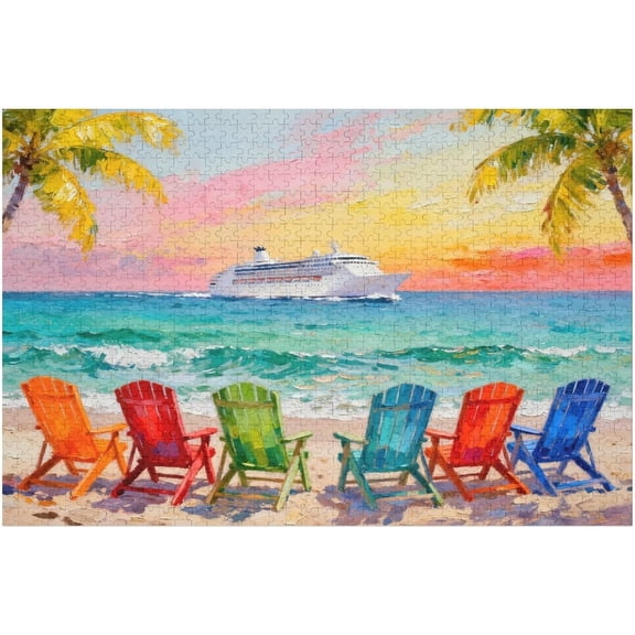Beach Puzzles for Adults 1000 Piece, Rainbow Beach Lounge Chair Summer Puzzle, Colorful Ocean Jigsaw Puzzle Scenery As Coastal Wall Art 1000 PCS