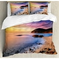 thumbnail image 1 of Beach Queen Size Duvet Cover Set, Famous Mediterranean Sun Rise on the Beach with Pebbles Tourism Serene View Print, Decorative 3 Piece Bedding Set with 2 Pillow Shams, Multicolor, by Ambesonne, 1 of 3