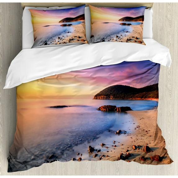 Beach Queen Size Duvet Cover Set, Famous Mediterranean Sun Rise on the Beach with Pebbles Tourism Serene View Print, Decorative 3 Piece Bedding Set with 2 Pillow Shams, Multicolor, by Ambesonne