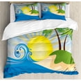 thumbnail image 1 of Beach Queen Size Duvet Cover Set, Summer Beach Illustration with Sun Rays Tropical Island Abstract Arrangement, Decorative 3 Piece Bedding Set with 2 Pillow Shams, Blue Yellow Green, by Ambesonne, 1 of 3