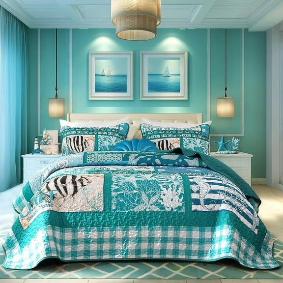Beach Quilt Set Size 3 count,Summer Coastal Bedspread Coverlet Lightweight Theme Plaid Patchwork Bedding Set with Shams,Reversible Microfiber Comforter Set for Season