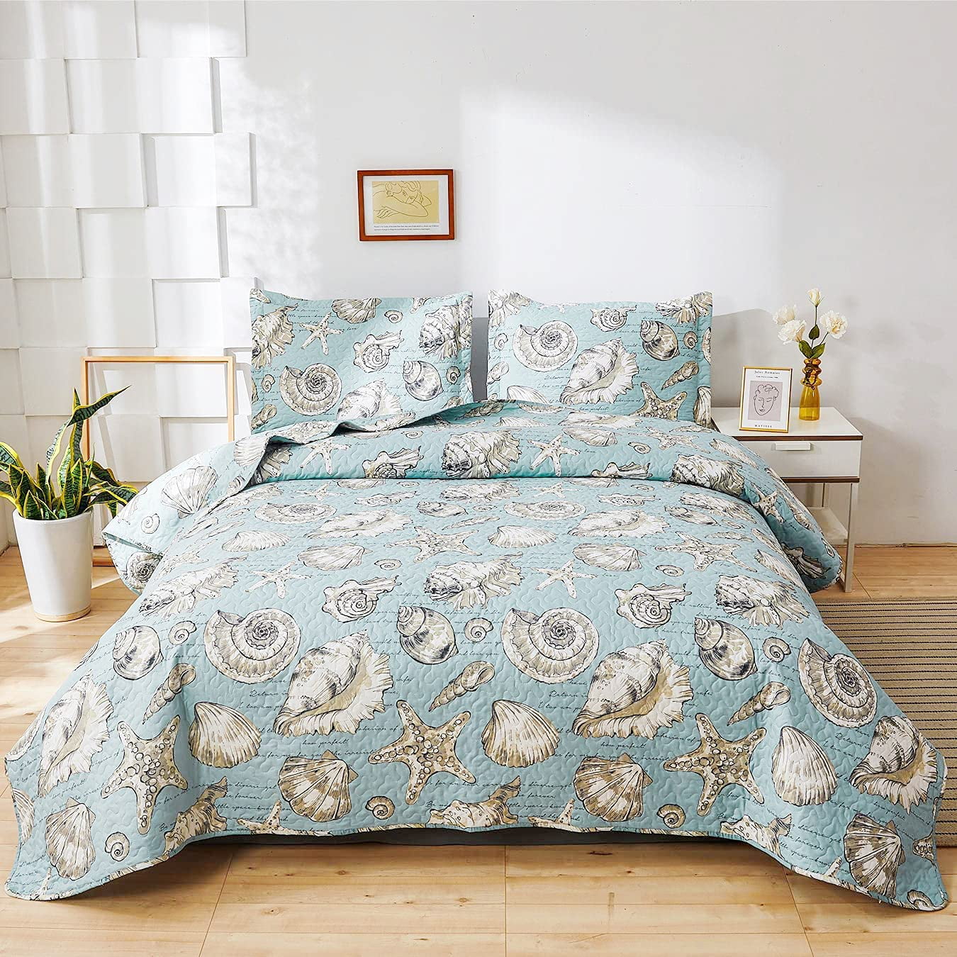 Beach Quilts Set King Size Ocean Theme Bedspreads,3Pcs Seashell Conch