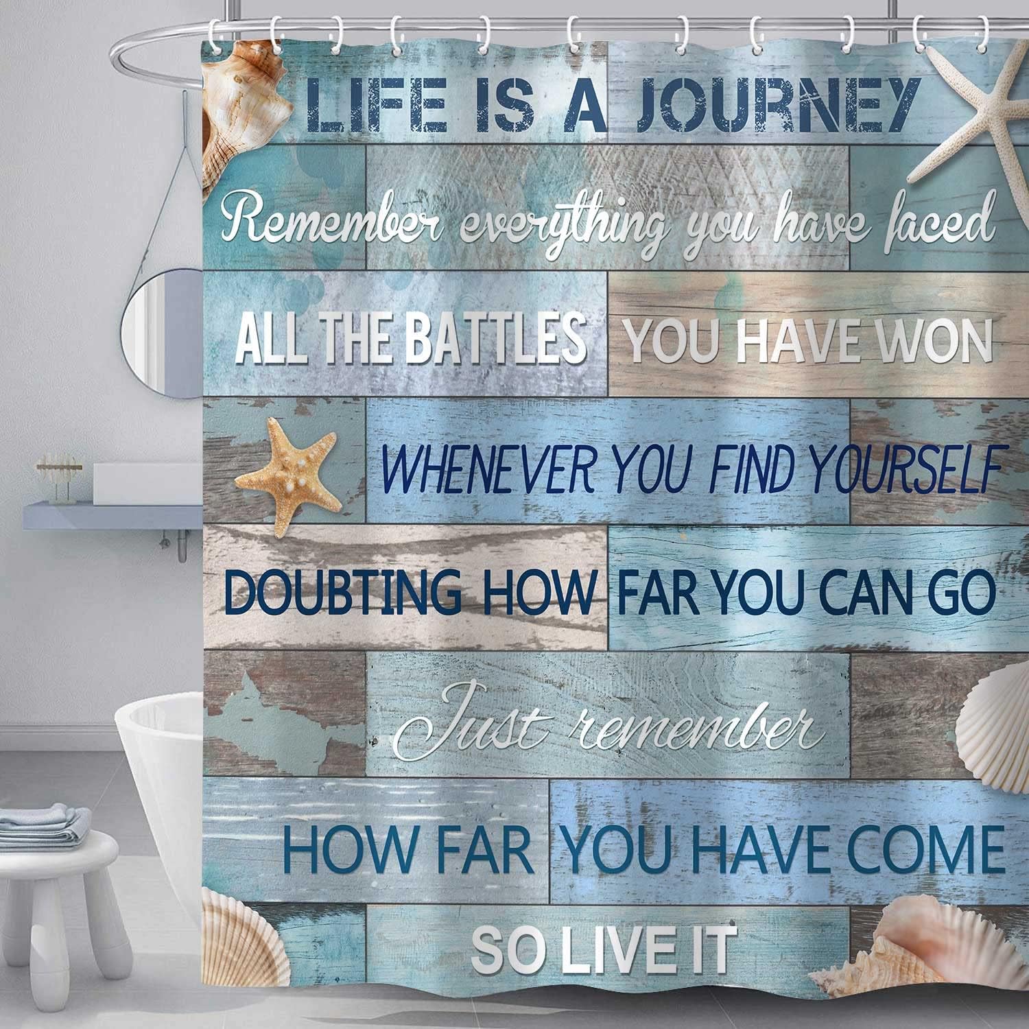 Beach Quotes Shower Curtain, Inspirational Motivational Starfish Seashell Ocean Theme Bathroom Curtain, Rustic Vintage Wood Nautical Coastal Fabric Waterproof Polyester with Hooks