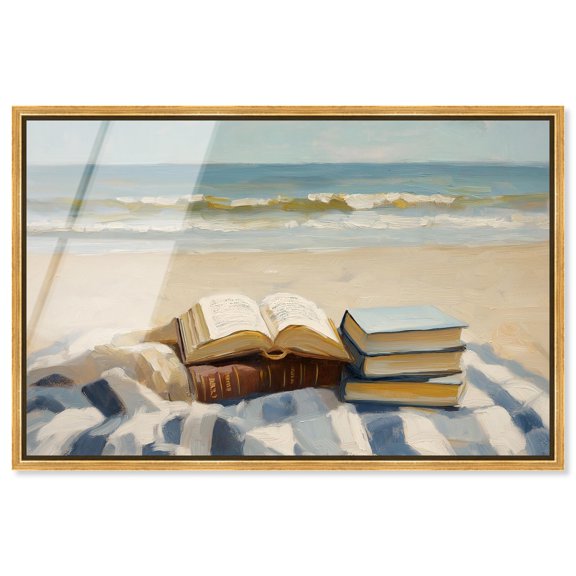 Beach Reading Framed High-Gloss Acrylic Glass Wall Art Coastal Art by Art Remedy, Gold Frame, 54 x 36
