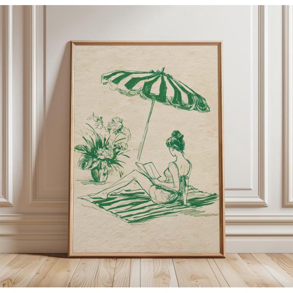 Beach Reading Minimal Line Art Woman Summer Coastal Leisure Decor, Unframed Poster