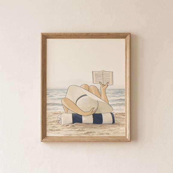 Beach Reading Poster, Minimal Coastal Art Print, Summer Wall Art, Relaxing Ocean Decor., Poster Only