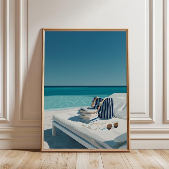 Beach Reading Print Mediterranean Blue Wall Art Book Lover Gifts Summer Print Minimalist Decor Dopamine Decor Book Prints, Unframed Paper Print