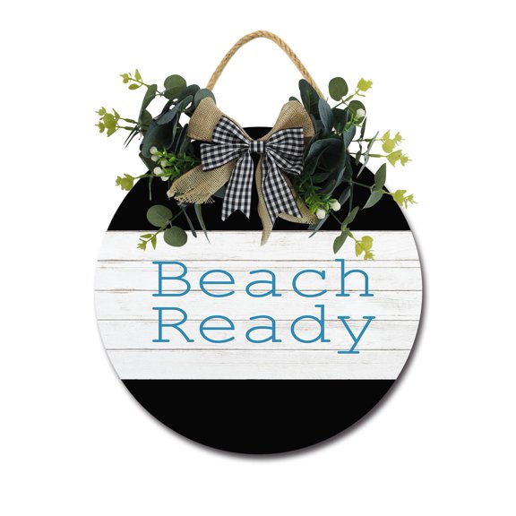 Beach Ready Front Door Sign Funny Wreaths Hanging Wooden Plaque Decoration Round Rustic Wood Farmhouse Porch Decor for Home Front Door Decor, 11 x 11 Inch