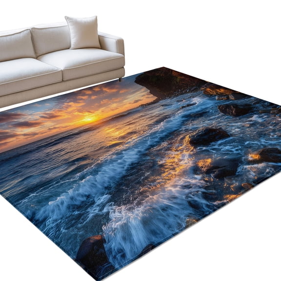 Beach Reef 6x9ft Non Slip Area Rug Country Sunset Ocean Waves Reef Beach Washable Soft Area Rugs for Living Room, Indoor Circle Carpet for Bedroom Dining Room Kitchen