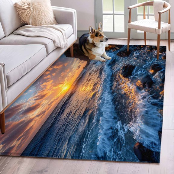 Beach Reef Area Rugs 3x5 ft Country Sunset Ocean Waves Reef Beach Washable Rug Non Slip Indoor Carpet Absorbent Floor Mat for Living Room Bedroom Dining Room