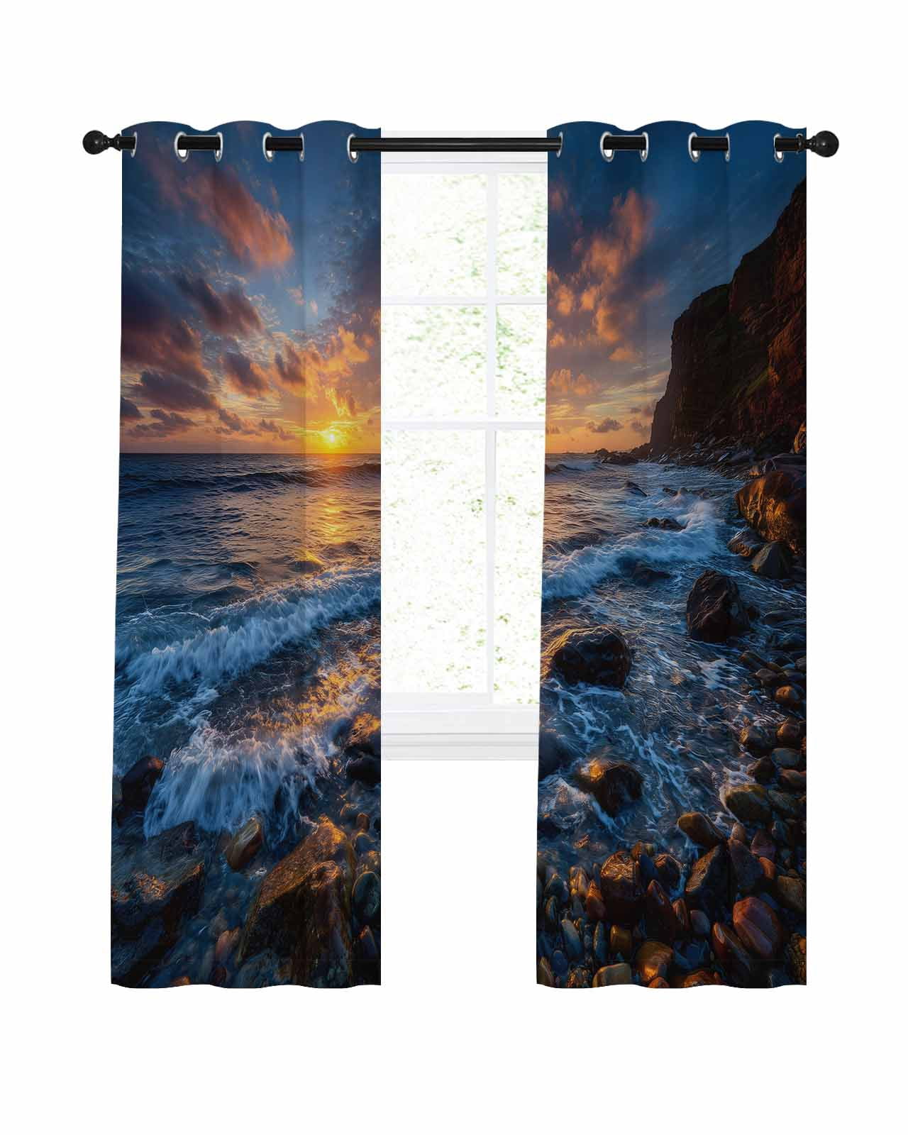 Beach Reef Blackout Curtains for Bedroom Living Room, Country Sunset Ocean Waves Reef Beach 39 In Long Thermal Insulated Room Darkening Drapes Grommet Window Treatments, 27.5 x 39 In