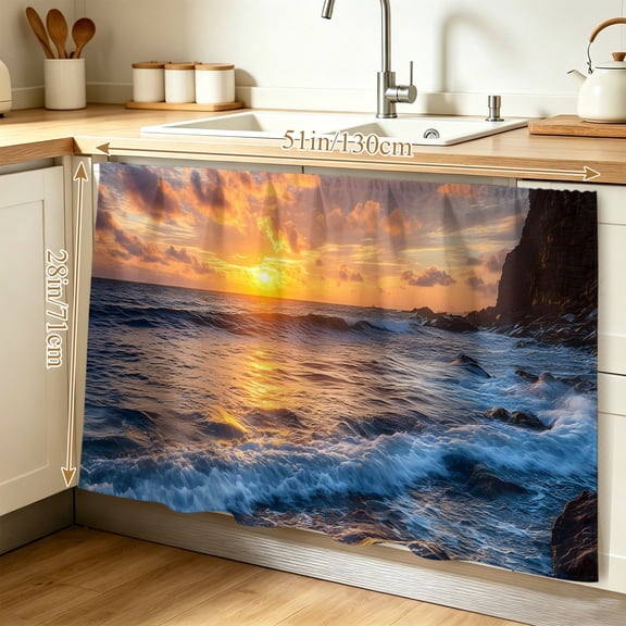 Beach Reef Cabinet Curtain 28"W x 51"L, Beach Sunset Ocean Waves Natural Scenery Dust-Proof Privacy Curtain for Closet Shelves Self Adhesive, Sink Skirt for Bathroom Vanity Kitchen Laundry Room