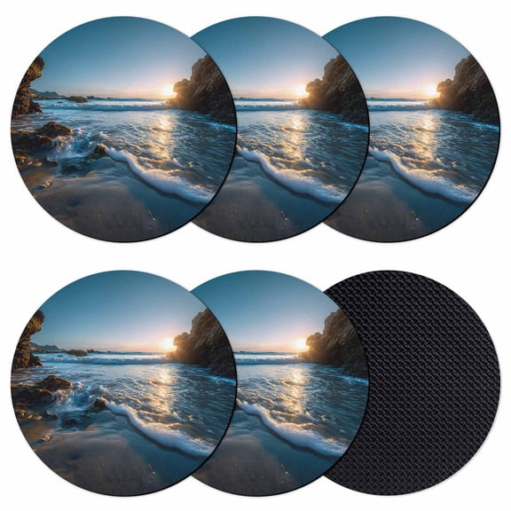 Beach Reef Coasters Set of 6, Absorbent Coasters for Drinks, Shiny Sunset Ocean Waves Natural Seaside Coaster for Desk Coffee Table Protection, Home Decor House Warming Gifts 4"