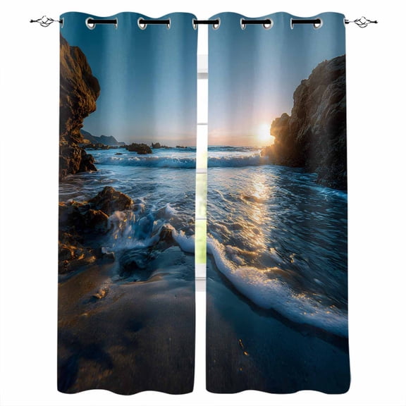 Beach Reef Kitchen Curtains Shiny Sunset Ocean Waves Natural Seaside Cafe Short Curtains for Bathroom Blackout Window Curtain Grommet Small Window Treatment Drapes for Bedroom Living Room 27.5"x39"x2